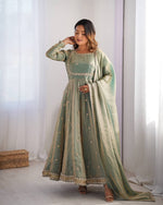 Sage Green Fancy Silk Anarkali Gown with Pant Dupatta Sequence Work Festive