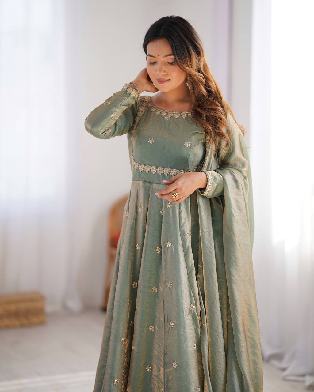 Sage Green Fancy Silk Anarkali Gown with Pant Dupatta Sequence Work Festive