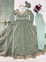 Sage Green Fancy Silk Anarkali Gown with Pant Dupatta Sequence Work Festive