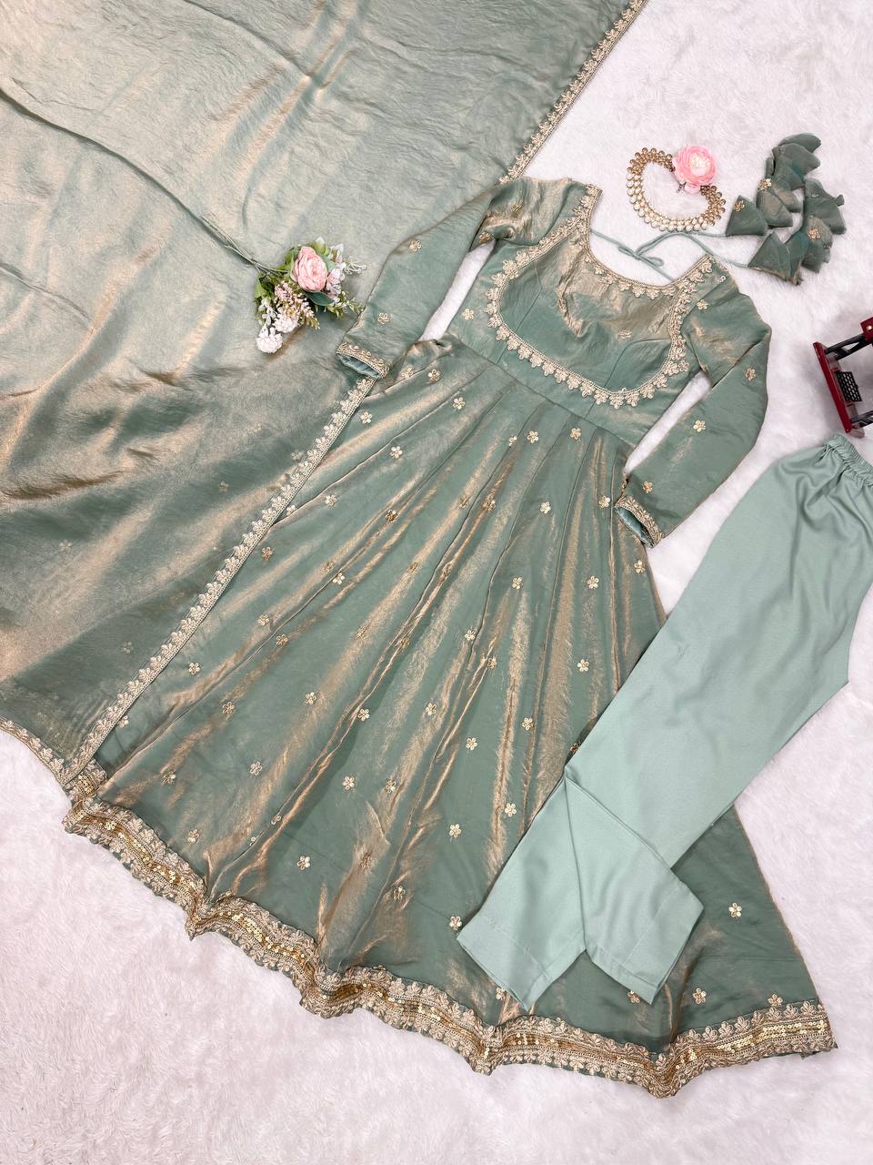 Sage Green Fancy Silk Anarkali Gown with Pant Dupatta Sequence Work Festive
