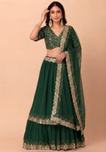 Green Georgette Lehenga Choli with Dupatta | Zari Sequins Embroidery Semi-Stitched Party Wear
