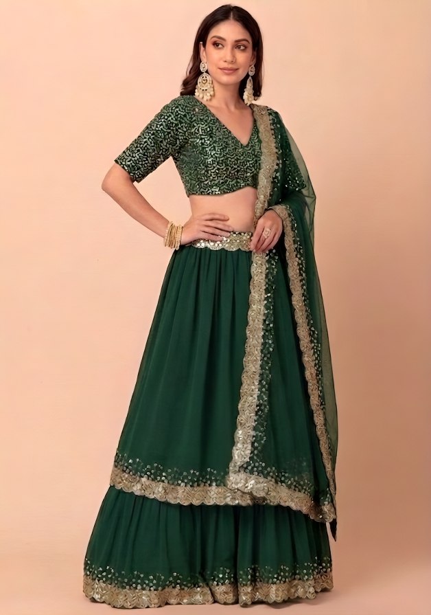 Green Georgette Lehenga Choli with Dupatta | Zari Sequins Embroidery Semi-Stitched Party Wear