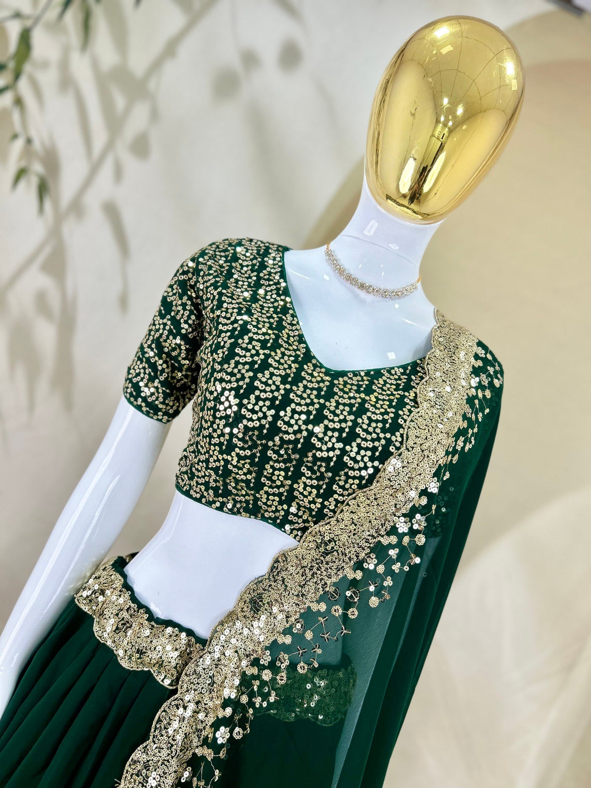 Green Georgette Lehenga Choli with Dupatta | Zari Sequins Embroidery Semi-Stitched Party Wear