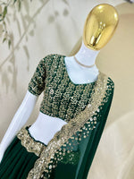 Green Georgette Lehenga Choli with Dupatta | Zari Sequins Embroidery Semi-Stitched Party Wear