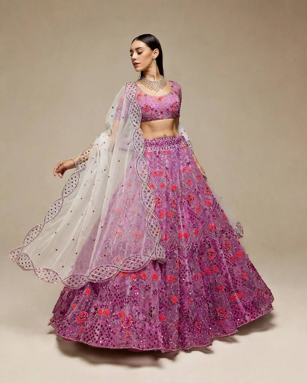 Purple Butterfly Net Lehenga Choli with Dupatta | Sequins Embroidery Semi-Stitched Party Wear