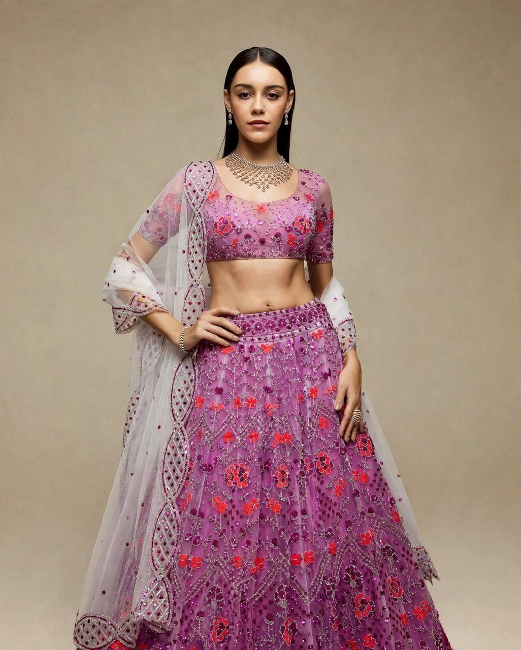 Purple Butterfly Net Lehenga Choli with Dupatta | Sequins Embroidery Semi-Stitched Party Wear