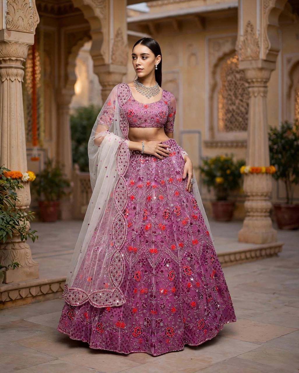 Purple Butterfly Net Lehenga Choli with Dupatta | Sequins Embroidery Semi-Stitched Party Wear