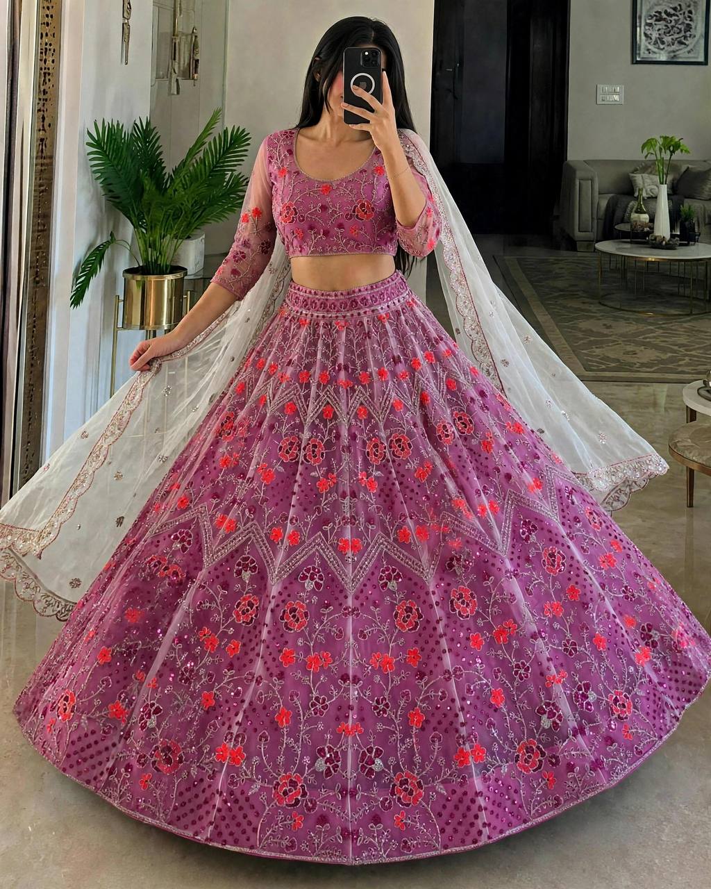 Purple Butterfly Net Lehenga Choli with Dupatta | Sequins Embroidery Semi-Stitched Party Wear