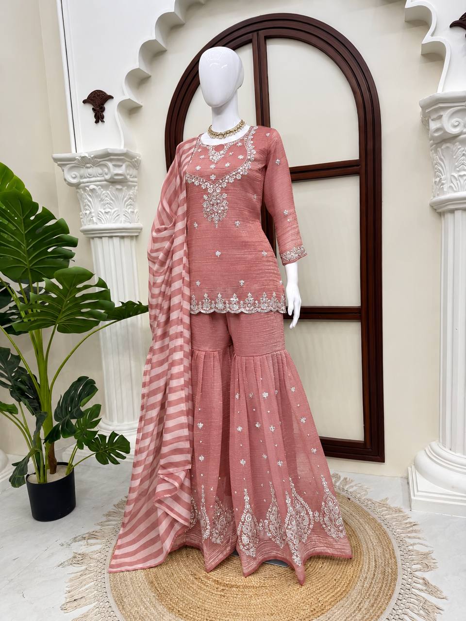 Salsa Silk Top Sharara Dupatta Set Thread Sequence Work Fully Stitched Women