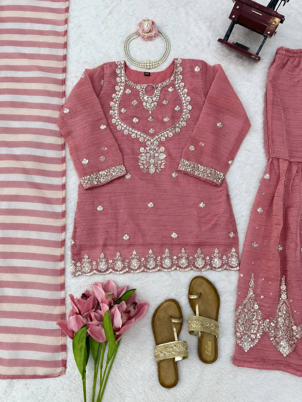Salsa Silk Top Sharara Dupatta Set Thread Sequence Work Fully Stitched Women