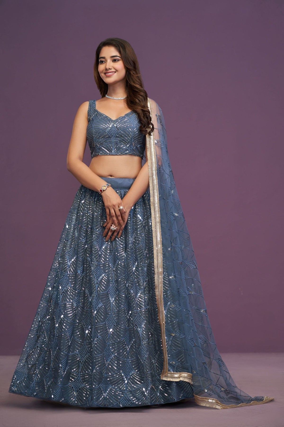 Net Real Mirror Work Lehenga Choli with Dupatta Set