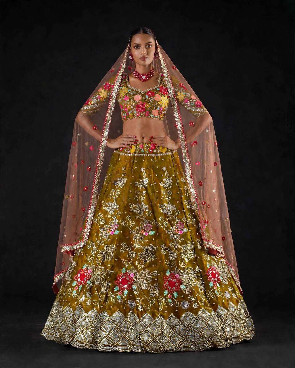Olive green Jimmy Choo lehenga choli front view on model