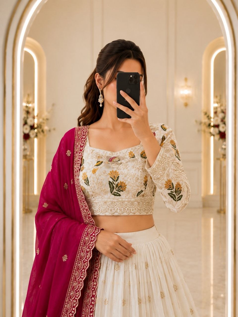 White Designer Chinon Silk Lehenga Choli