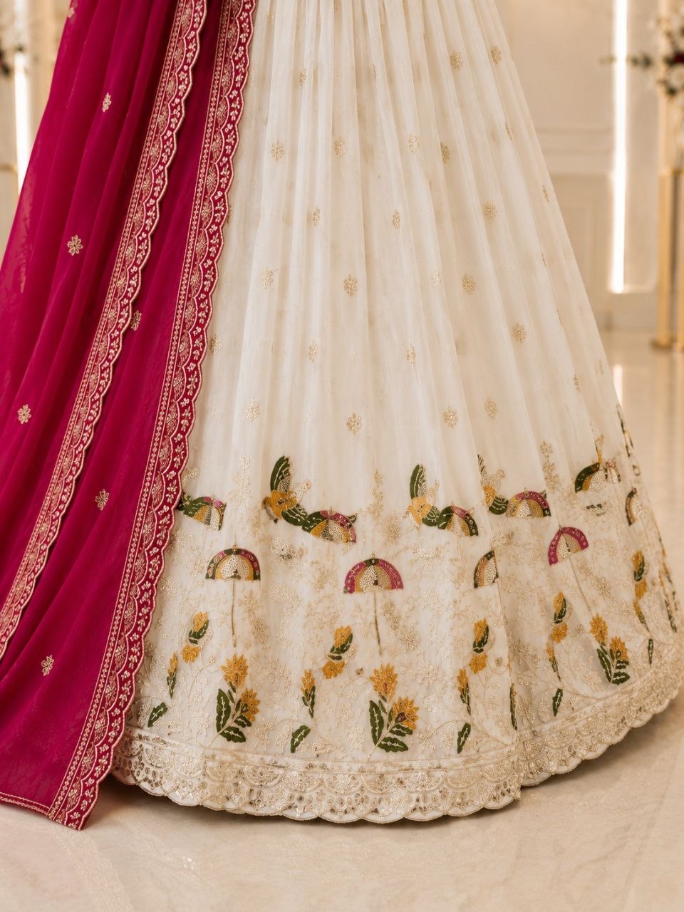 White Designer Chinon Silk Lehenga Choli