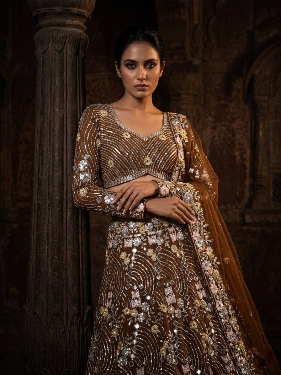 Royal Mirror Work Butterfly Net Lehenga Choli with Dupatta