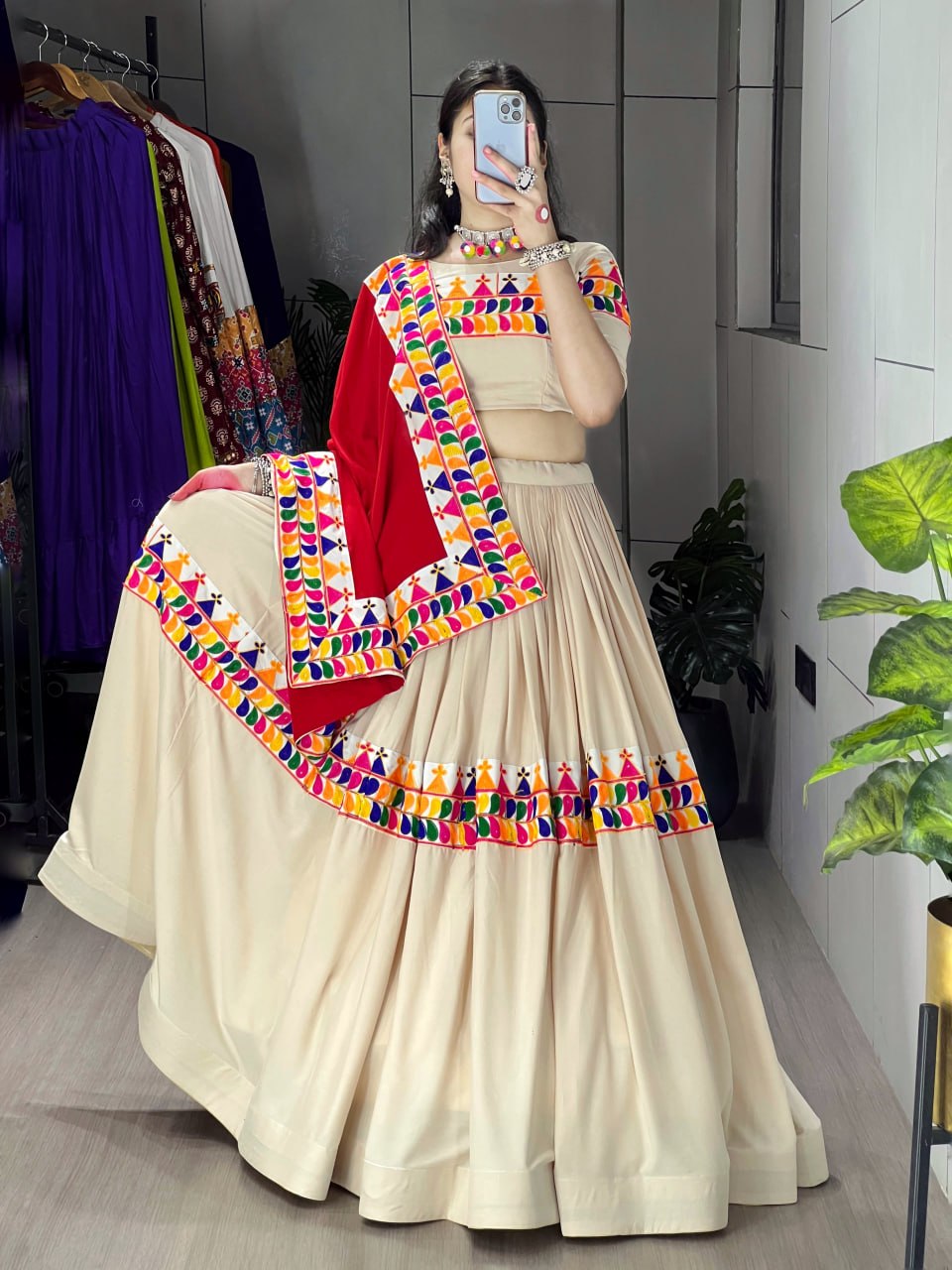 Navratri Traditional Gamthi Work Rayon Cotton Lehenga Choli