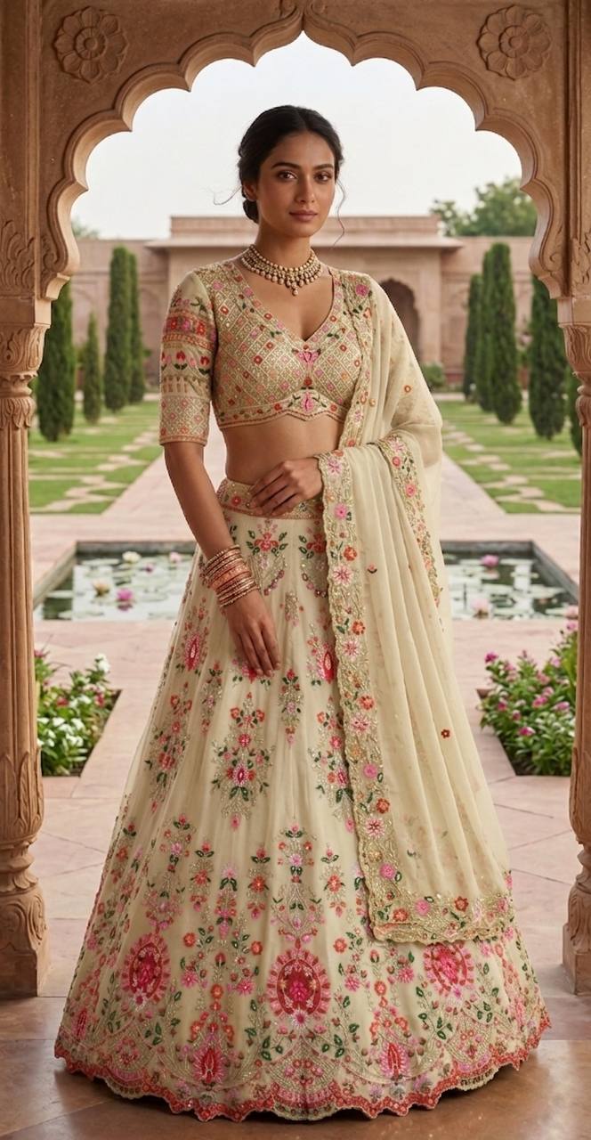 White Designer Faux Georgette Lehenga Choli with Embroidery Work