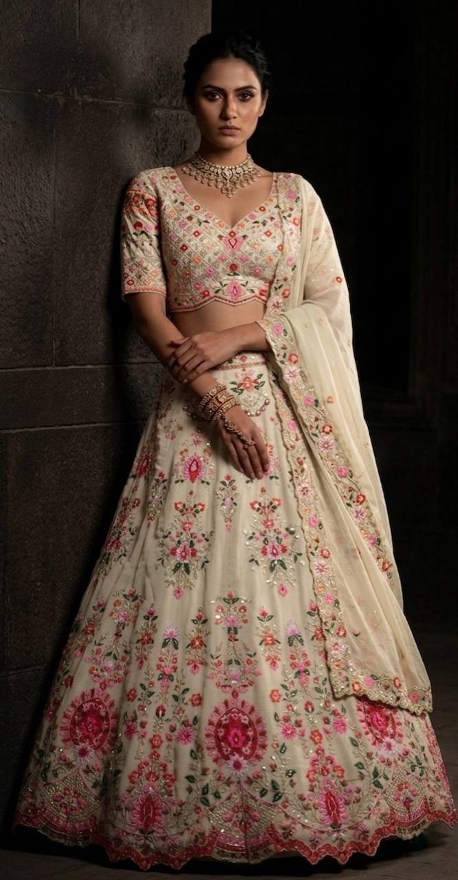 White Designer Faux Georgette Lehenga Choli with Embroidery Work
