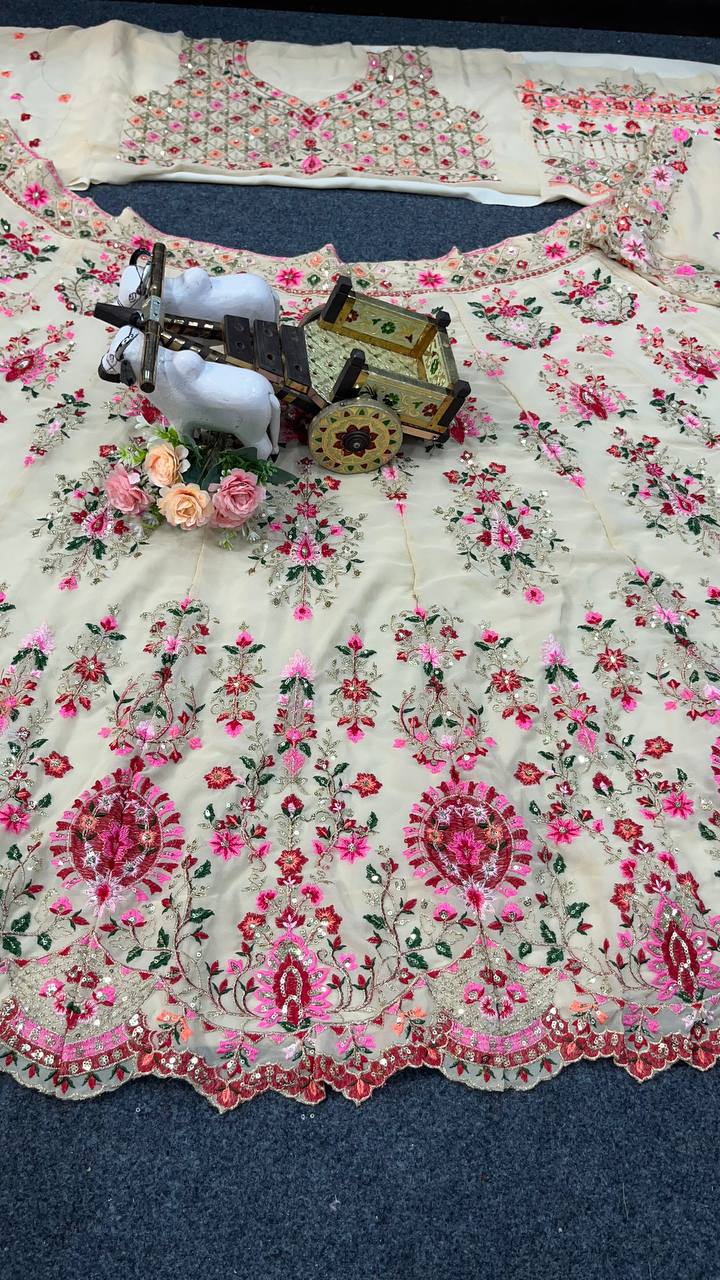 White Designer Faux Georgette Lehenga Choli with Embroidery Work
