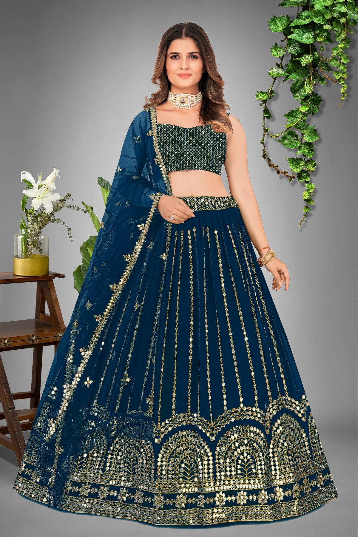 Elegant Rama Green Color Georgette Lehenga Choli