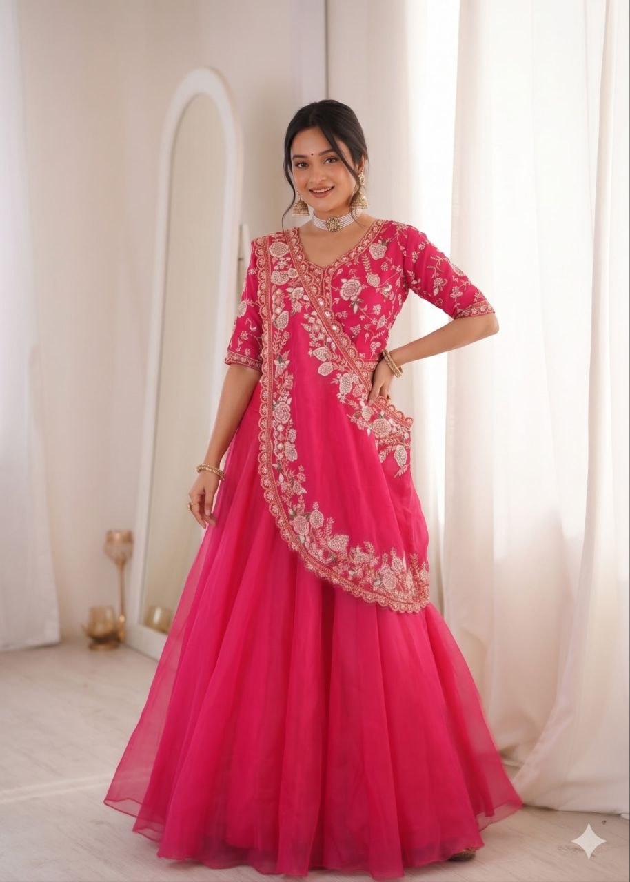 Gorgeous Pink Embroidered Crunshi Lehenga Choli