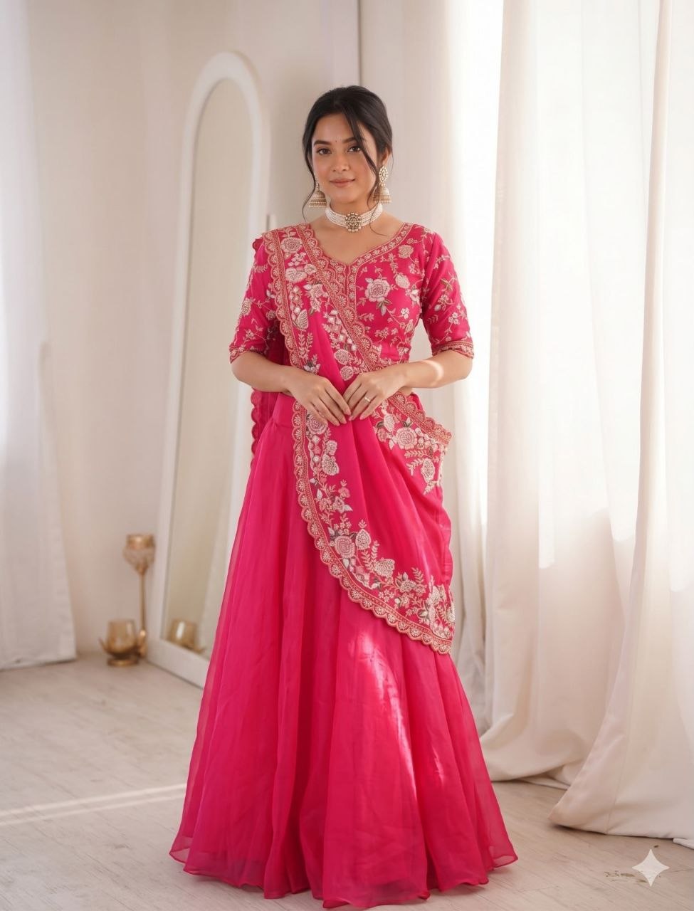 Gorgeous Pink Embroidered Crunshi Lehenga Choli