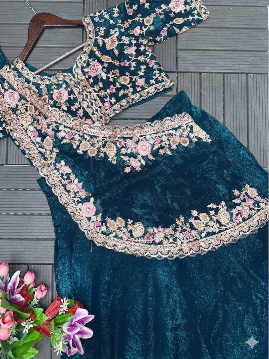 Elegant Rama Green Embroidered Crunshi Lehenga Choli