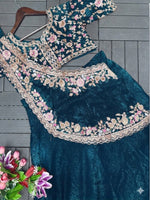 Elegant Rama Green Embroidered Crunshi Lehenga Choli