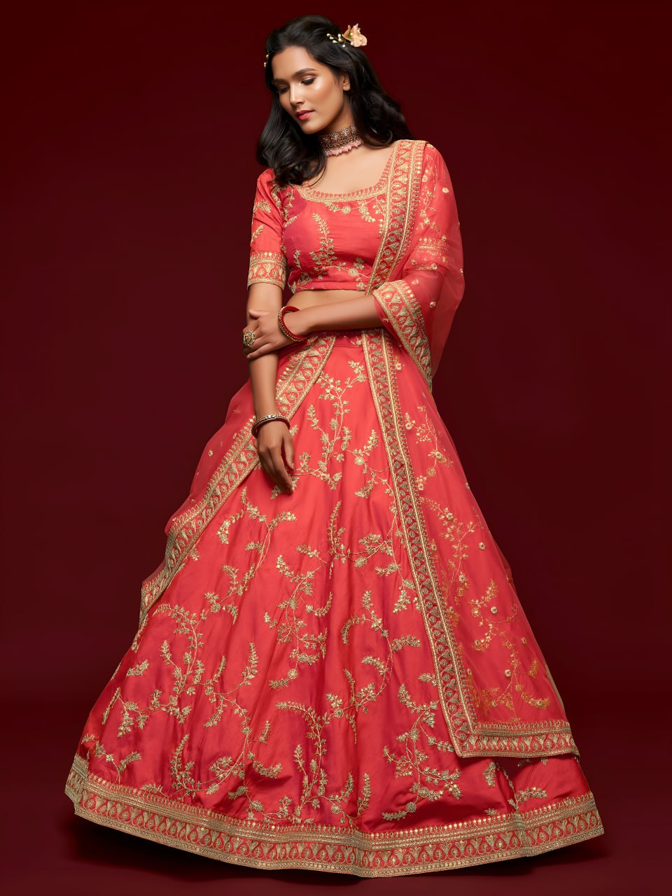 PremiumCoral Red Art Silk Embroidered Lehenga Choli