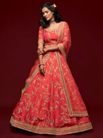PremiumCoral Red Art Silk Embroidered Lehenga Choli