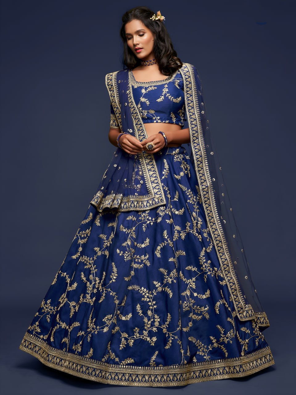 Premium Navy Blue Art Silk Embroidered Lehenga Choli