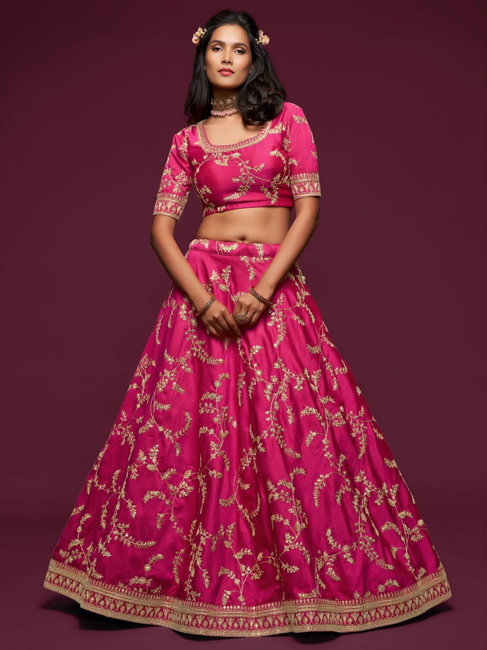 Premium Bright Pink Art Silk Embroidered Lehenga Choli