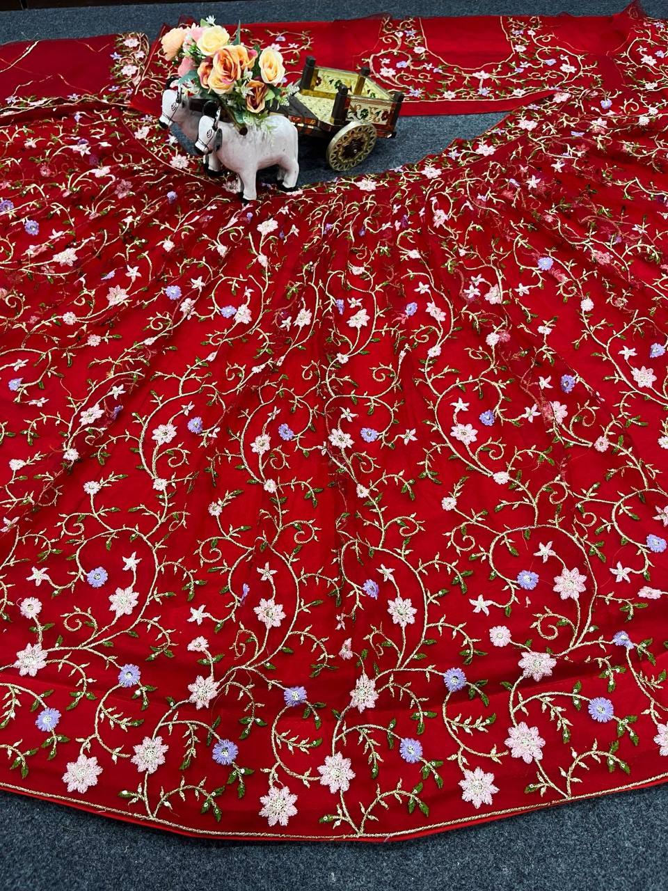 Red Color Embroidered Soft Net Lehenga Choli