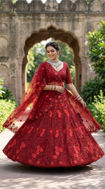 Red Soft Net Embroidered Sequins Work Lehenga Choli