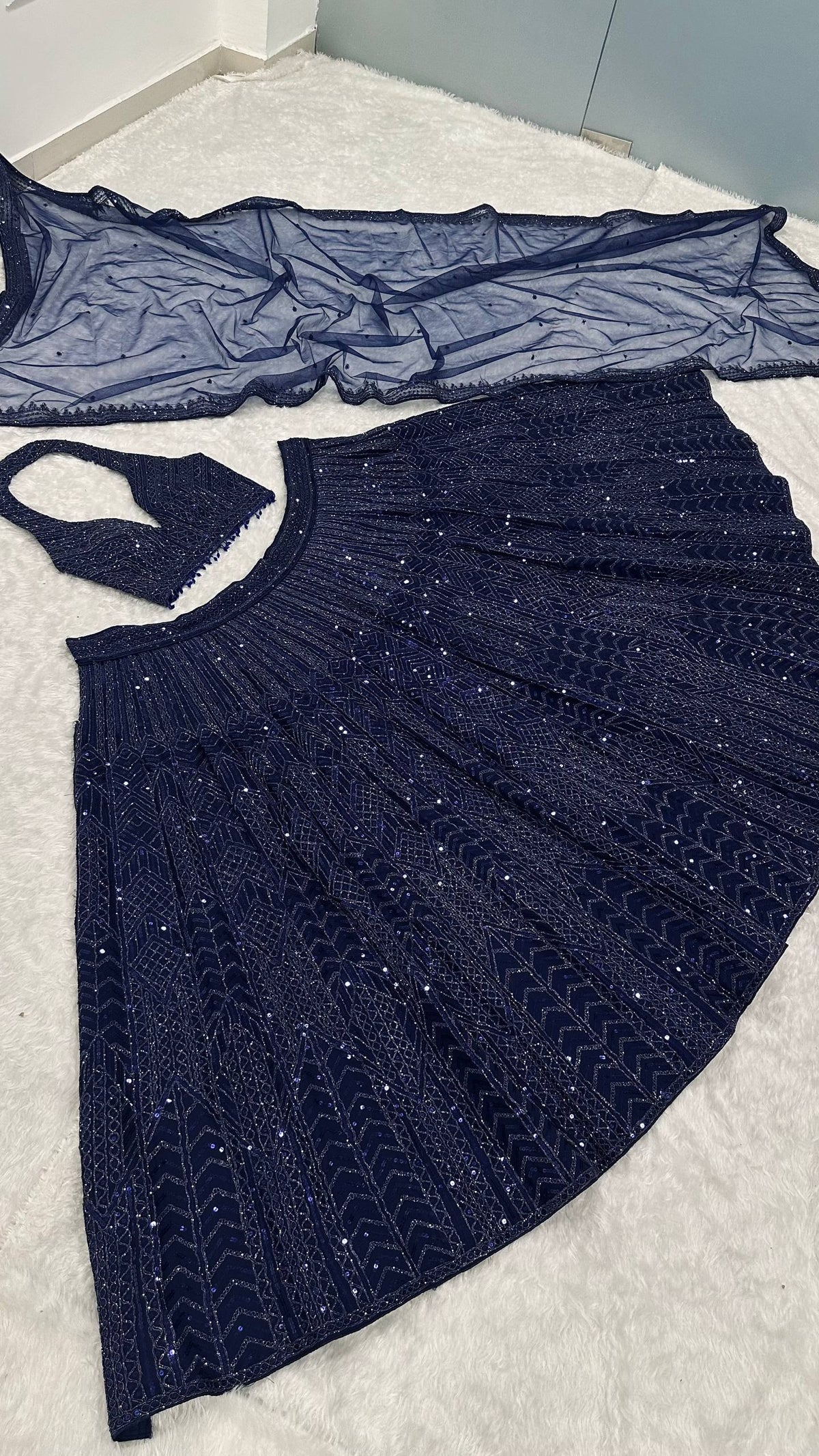 Blue Net Sequins Work Designer Lehenga Choli
