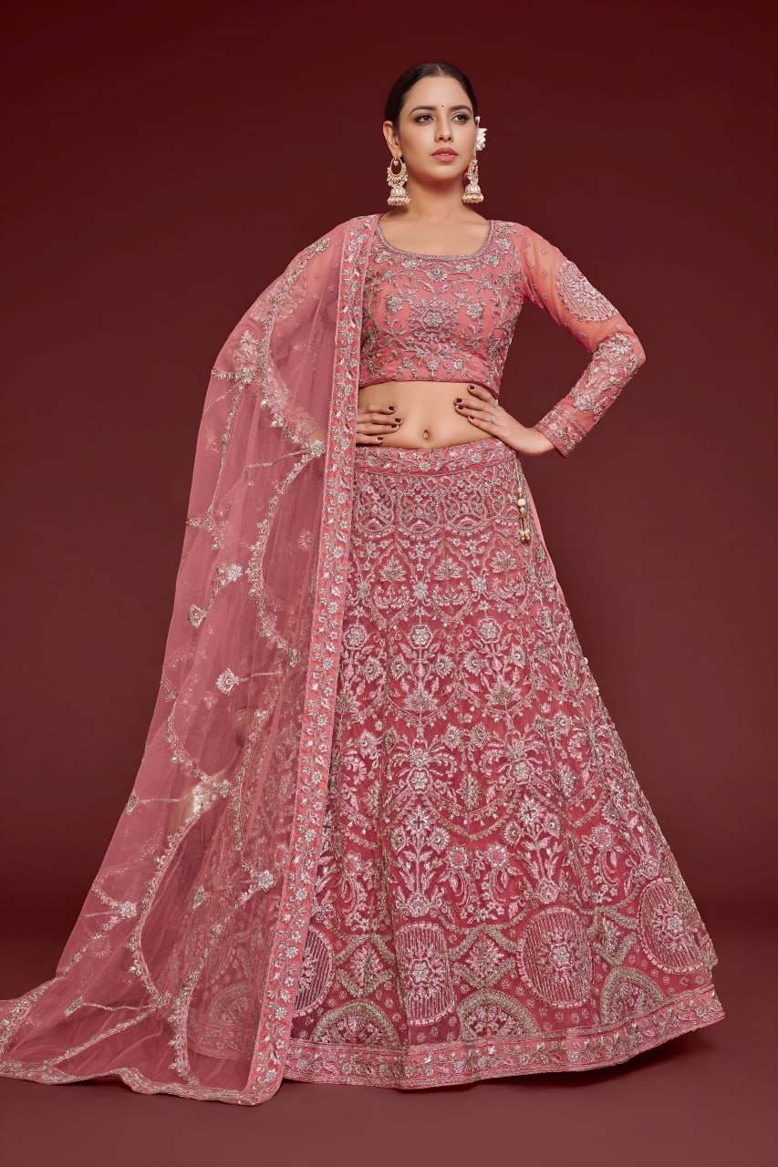 Rose Pink Heavy Designer Embroidered Lehenga Choli