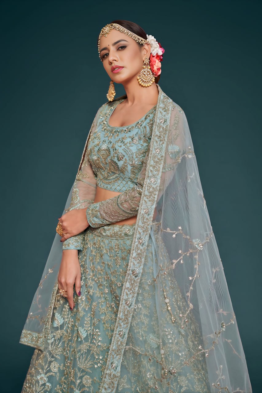 Pastel Aqua Color Heavy Embroidered Lehenga Choli