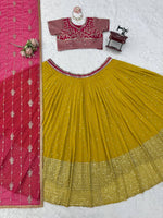 Pink & Yellow Faux Georgette Embroidered Lehenga Choli