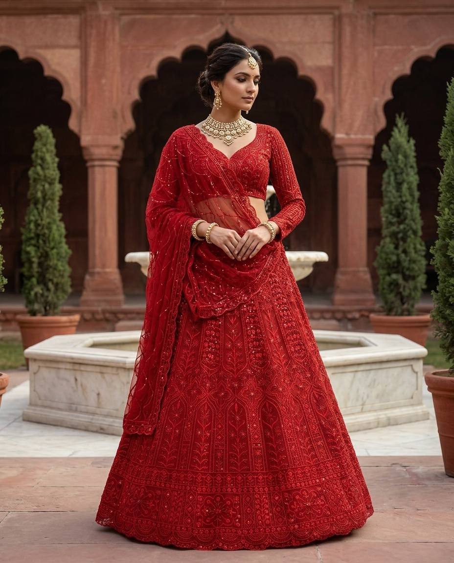 Red Soft Net Coding Sequins Embroidered Lehenga Choli
