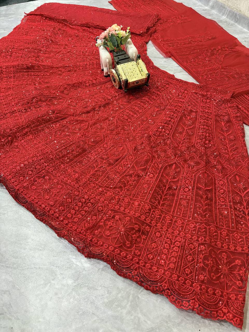 Red Soft Net Coding Sequins Embroidered Lehenga Choli