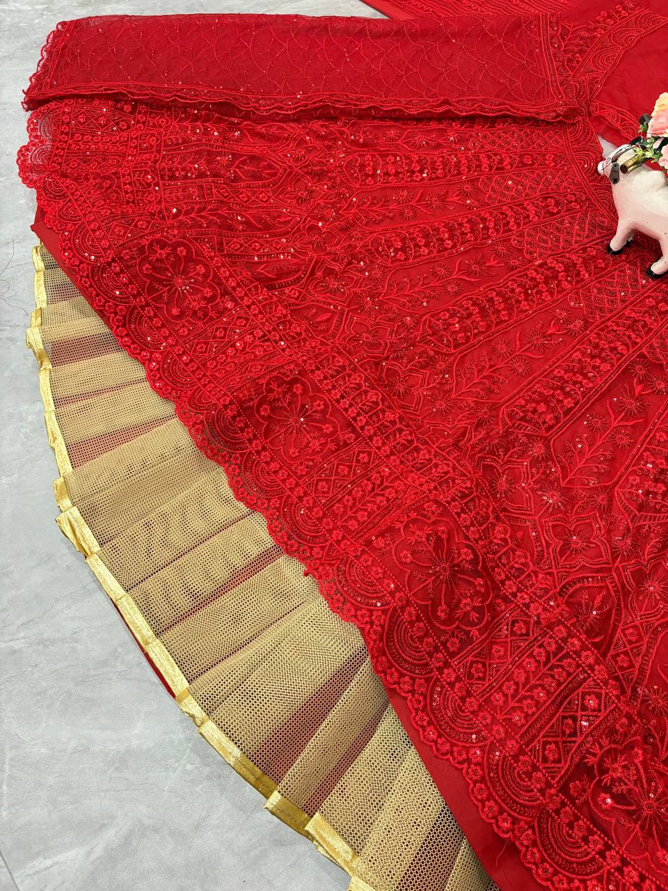 Red Soft Net Coding Sequins Embroidered Lehenga Choli