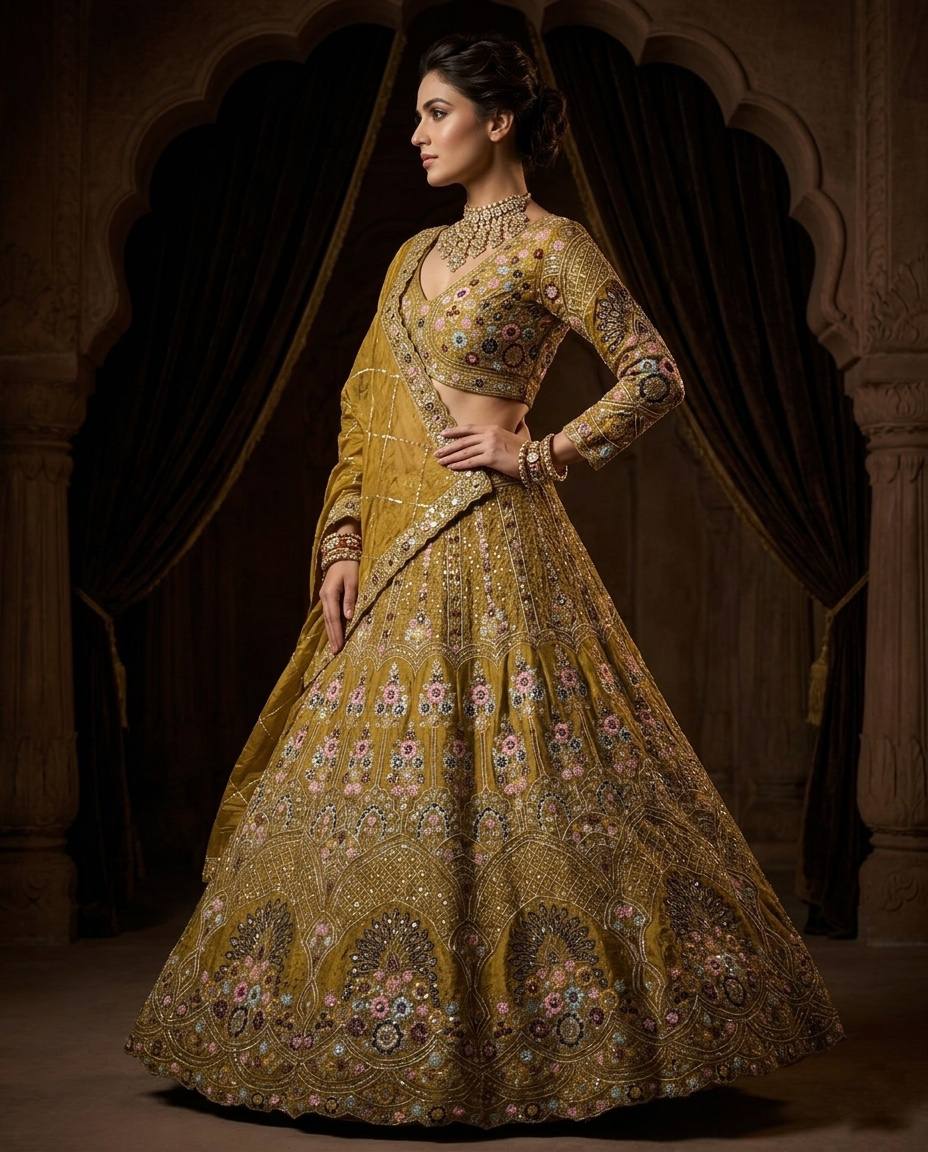 Elegant Yellow Color Gold Crush Embroidered Lehenga Choli