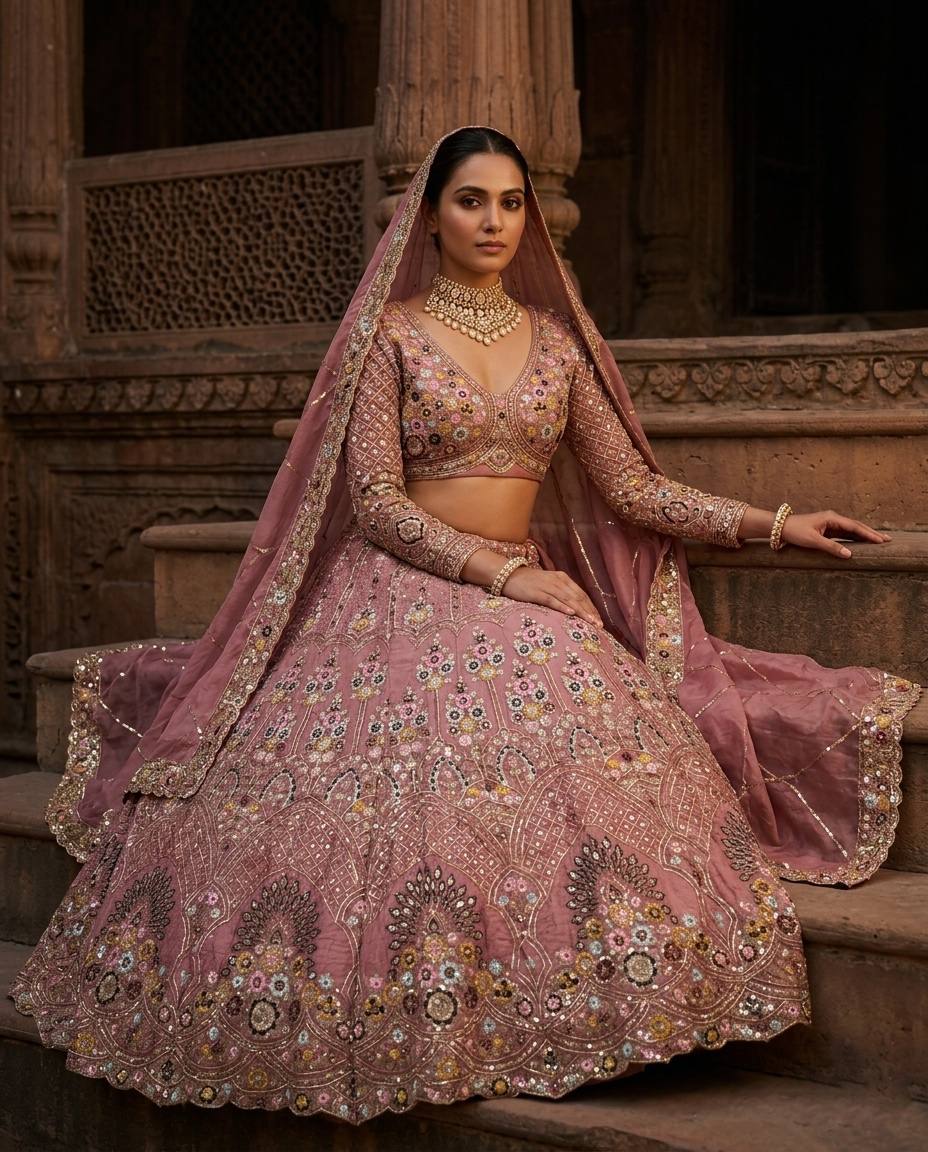 Elegant Gold Crush Embroidered Lehenga Choli
