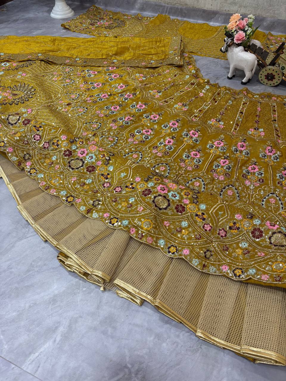 Elegant Yellow Color Gold Crush Embroidered Lehenga Choli