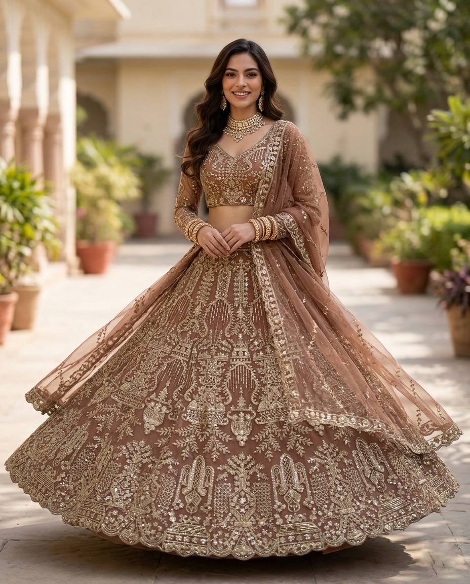 Elegant Brown Embroidery Sequins Work Lehenga Choli