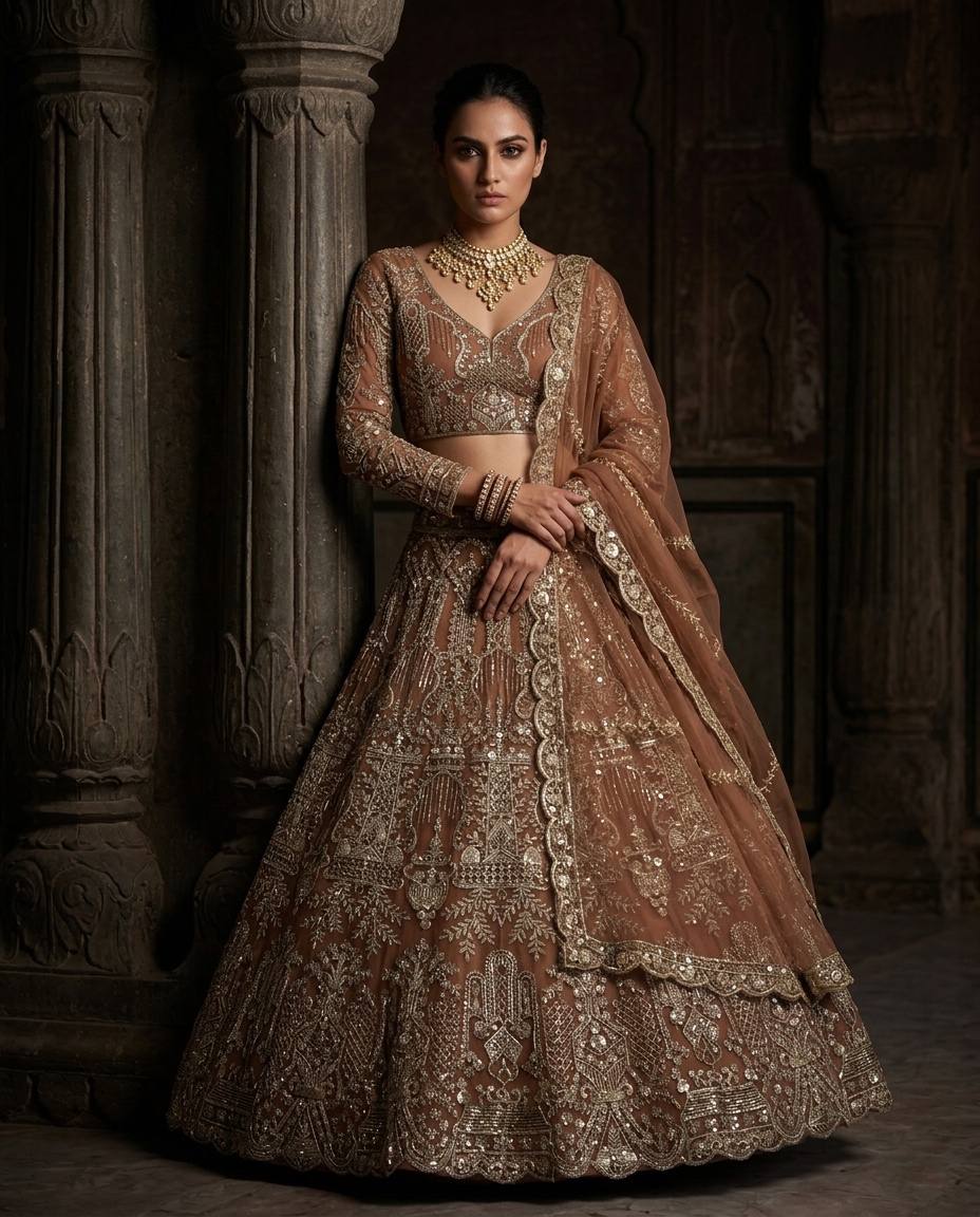 Elegant Brown Embroidery Sequins Work Lehenga Choli