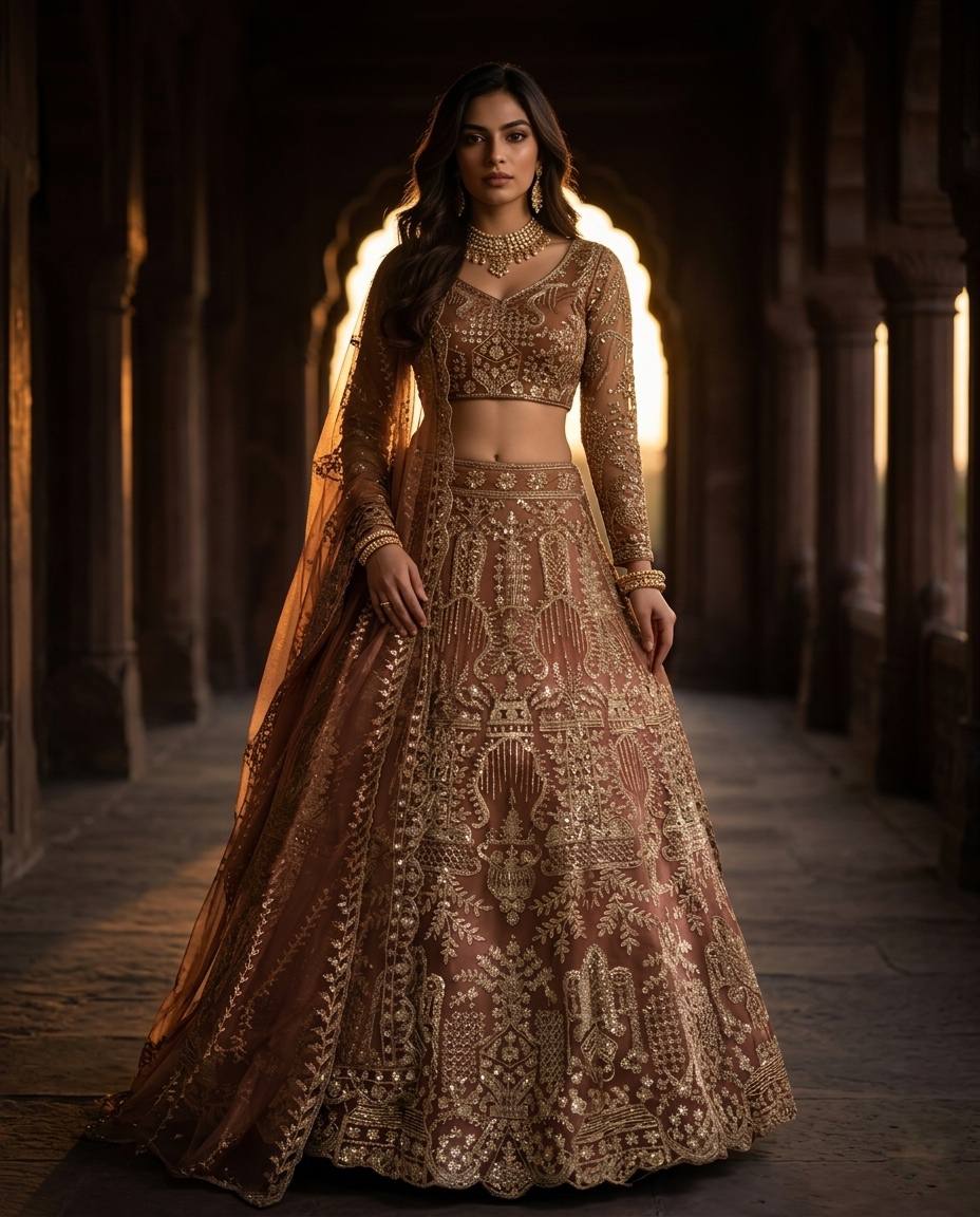 Elegant Brown Embroidery Sequins Work Lehenga Choli