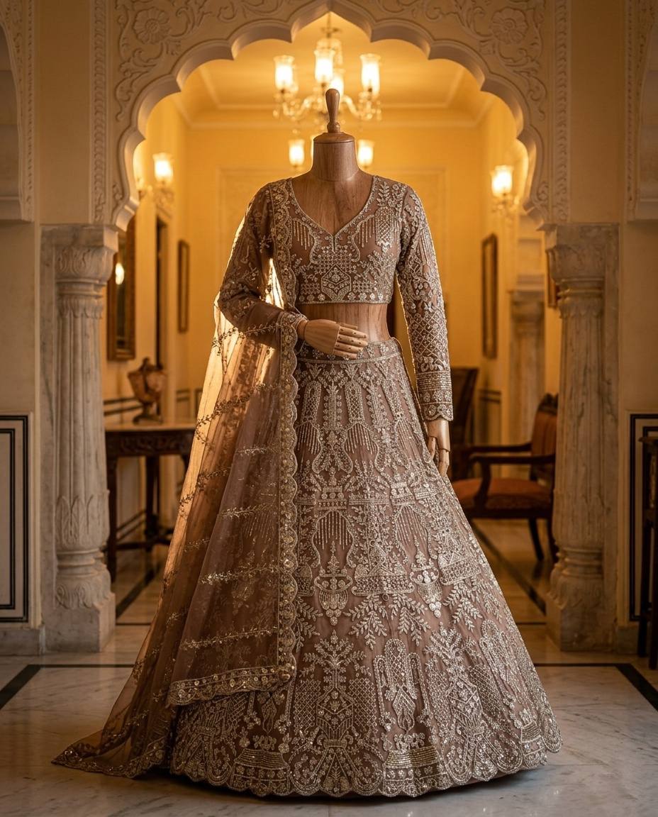 Elegant Brown Embroidery Sequins Work Lehenga Choli