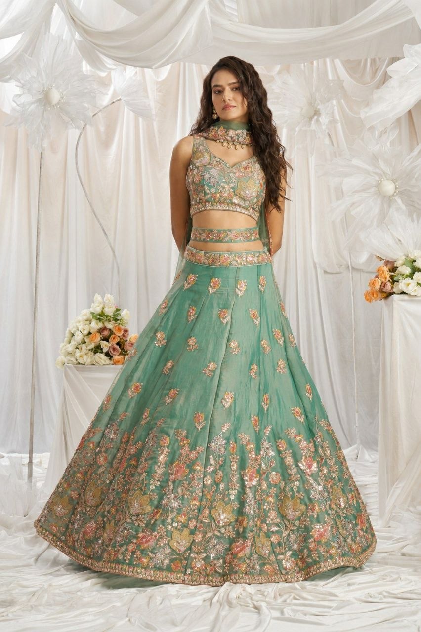 Enchanting Sea Green Embroidered Fandy Lehenga Choli