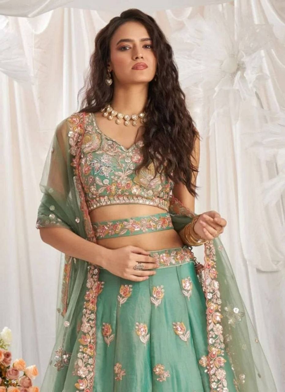 Enchanting Sea Green Embroidered Fandy Lehenga Choli